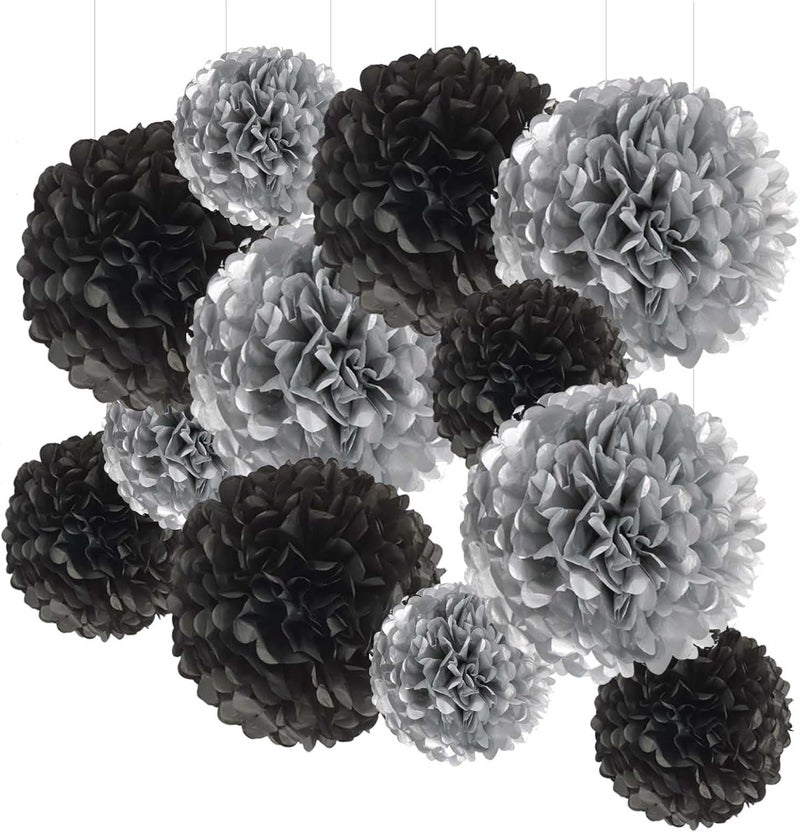 YESON Black and Silver Tissue Paper Pom Poms Hanging Tissue Flowers Poms Decorations Pack of 12 for Wedding, Birthday,Party Backdrop Decor ect. (12", 10",Tissue Paper Flowers) - Image 1